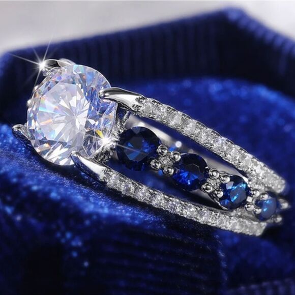 Blue Sapphire & Clear White Diamond Center Stone & Baguette Diamonds P - Picture 6 of 9